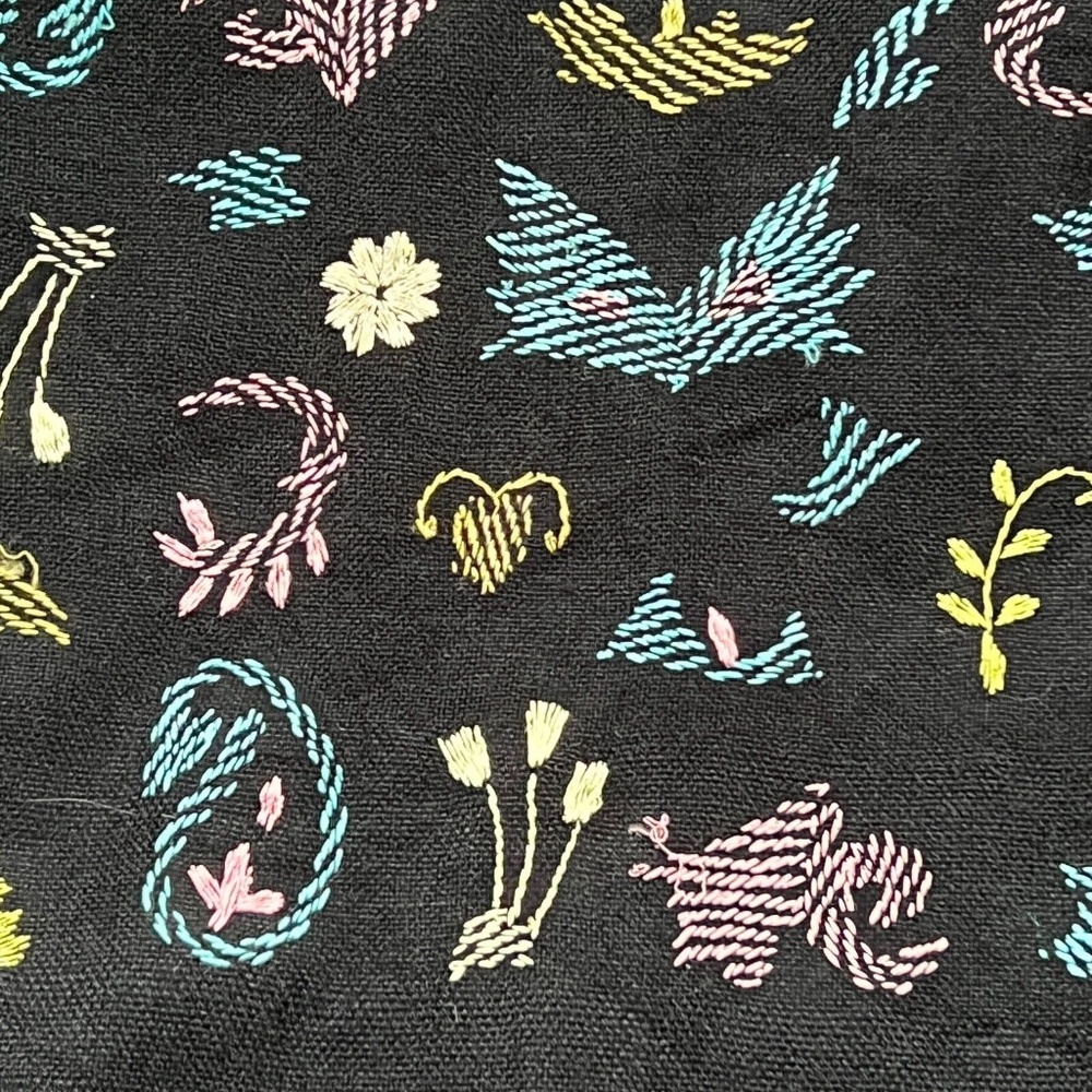 Black Embroidered Long Stole Large Scarf 34" x 80" Blue Yellow Pink Floral